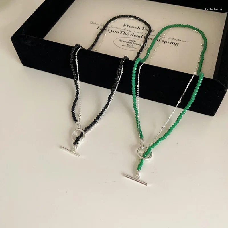 Choker minar vintage dubbel skiktad grön svart färg kristallpärlor halsband för kvinnor silverpläterad legering växelplascirkel
