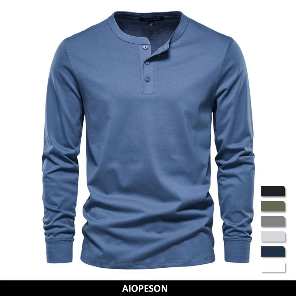 Men's T-Shirts AIOPESON Henley Collar T Shirt Men Casual Solid Color Long Sleeve T Shirt for Men Autumn High Quality 100% Cotton Mens T Shirts 230403
