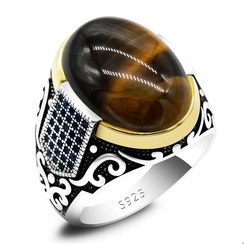 Rings Genuine Sterling Sier Antique Turkish Ring With Stone Tiger Eye Mens Colorf Punk Rock Jewelry Drop Delivery Dhgarden Dhimk