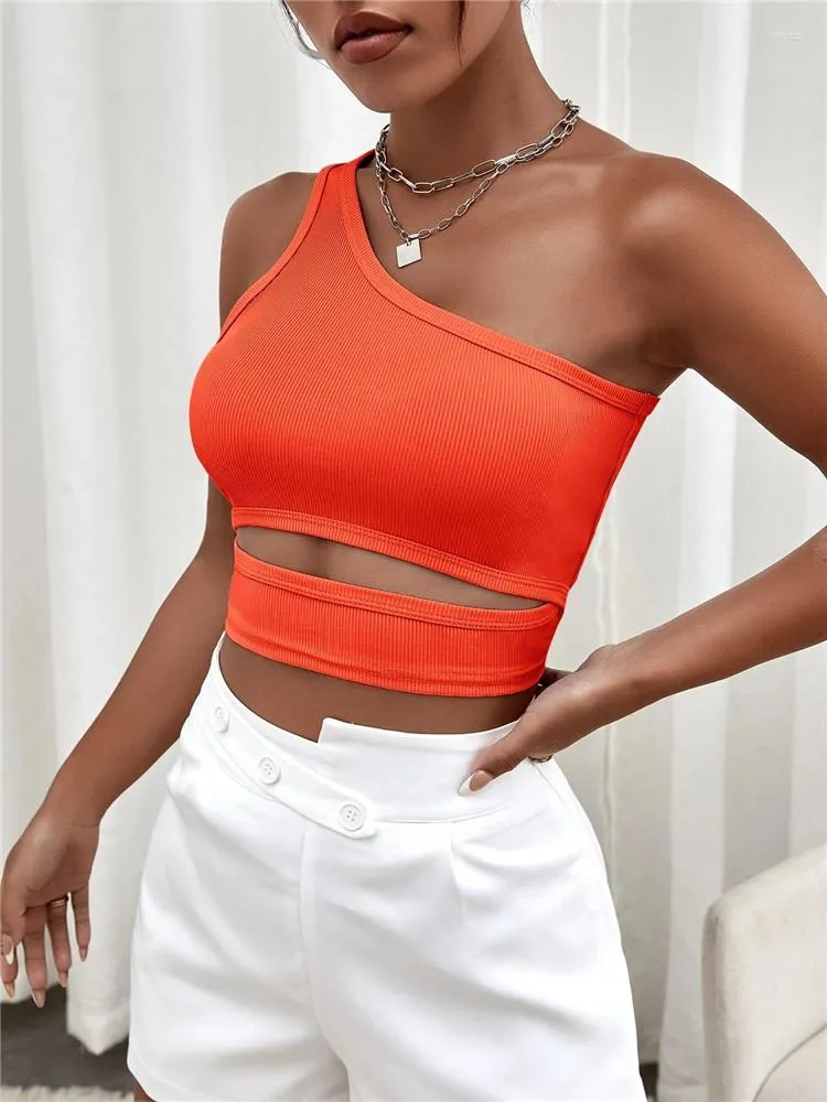 Kvinnors tankar Sexig solid rib Knit One Shoulder Cut Out Tank Top for Women Summer High Street Goth Punk Orange Sleeveless Crop Streetwear