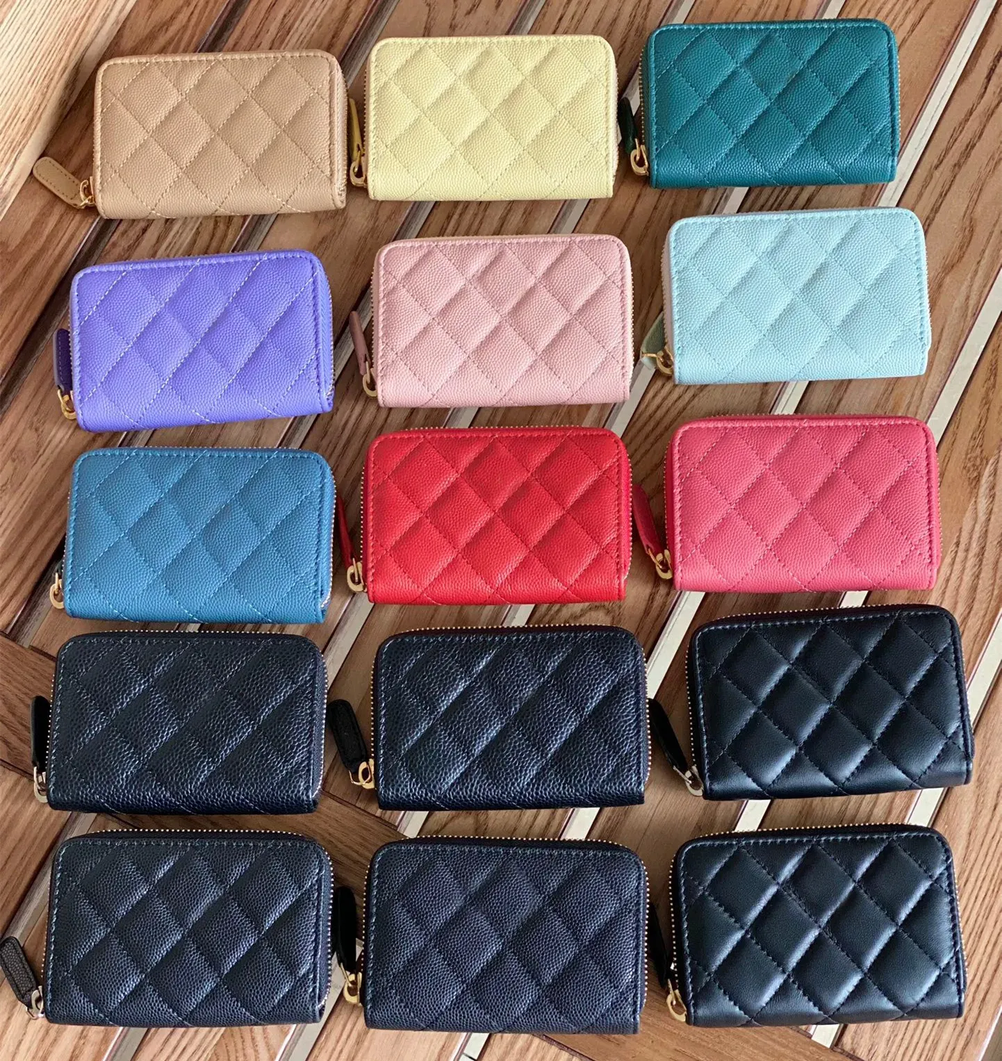 Bolsa de luxo c designer de moda mulheres titulares de cartão dobra aba clássico padrão caviar pele de cordeiro mulher preta pequena mini carteira bolsa cor seixo caixas de couro prpu