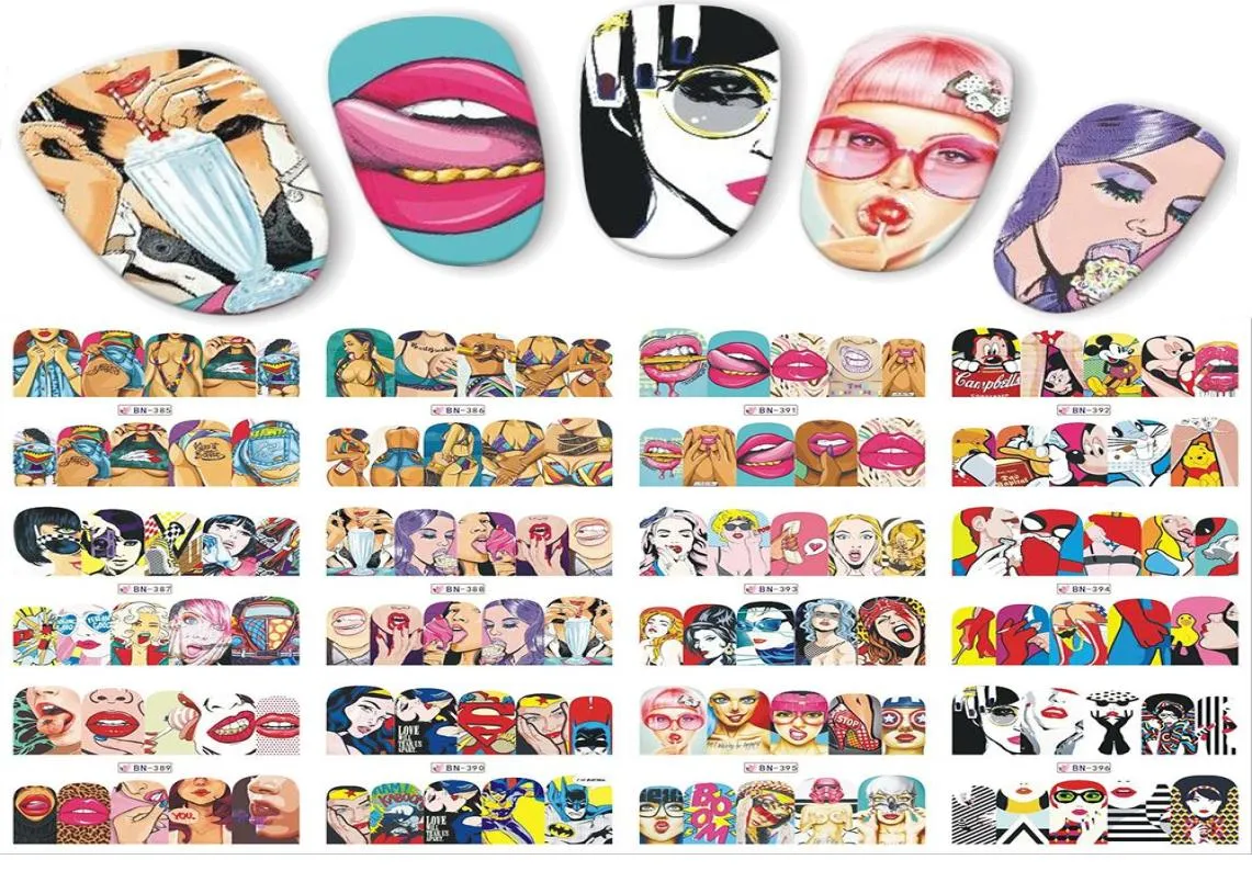 12 pçsset pop art designs decalque diy transferência de água etiqueta da arte do prego legal menina lábios decorações envoltórios completos unhas jibn3853969315974