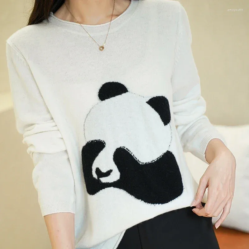 Kobiety swetry czysty wełniany sweter zimowy dzianinowy top nieśmiała panda jacquard okrągła szyja kaszmir z legginsami luźne