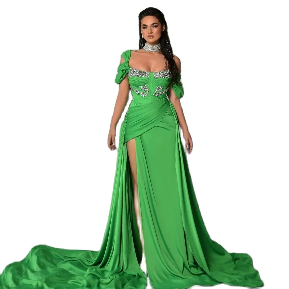 Green One Shoulder Evening Dresses Crystal Neck Pleat Side Split Celebrity Gown Chiffon Sweep Train Red Carpet Dress