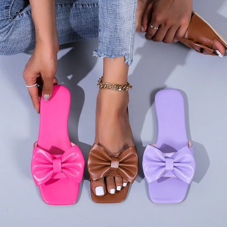 Zomer dia's dames boog knoop slippers mode flat groot formaat snoepkleuren sandalen vrouwelijk sexy casual outdoor strandschoen