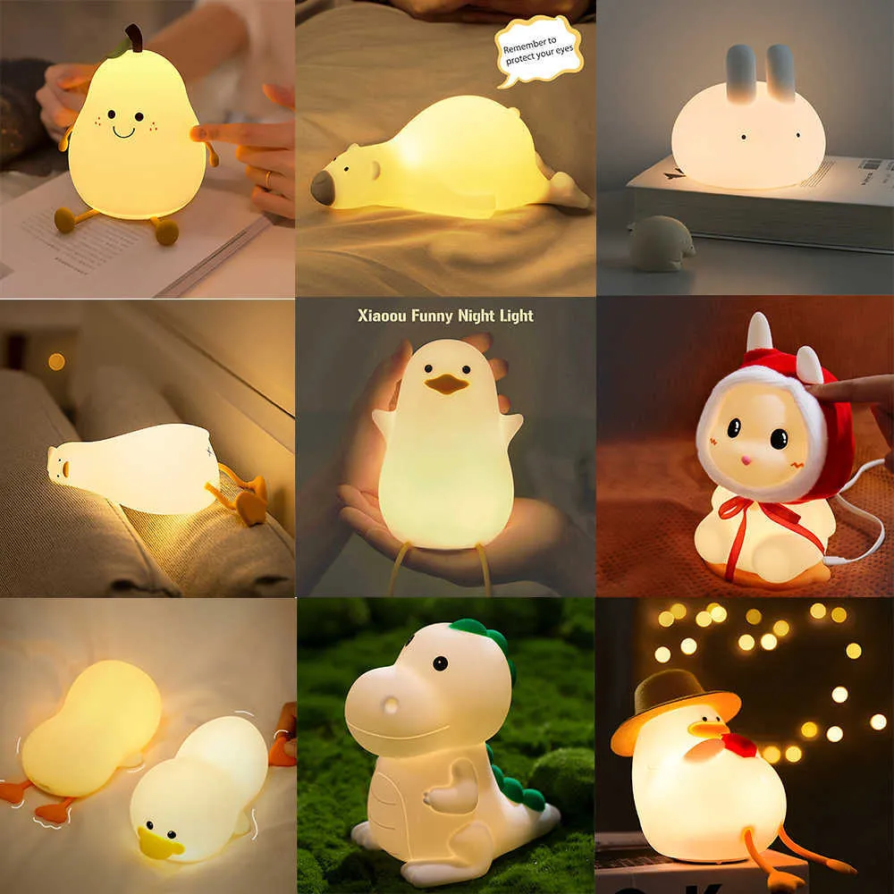 Luci notturne 26 Stili Luci notturne in silicone per cartoni animati Luce notturna a led Anatra Dinosauro Coniglio Panda Pera Lampada ricaricabile Lampada USB Regalo per bambini P230331