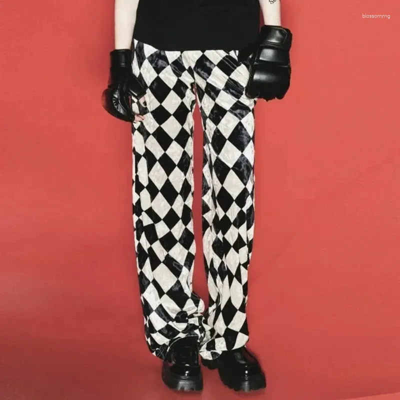 Pantaloni da donna 2023 Design autunnale a scacchiera con coulisse a vita alta fino al pavimento casual