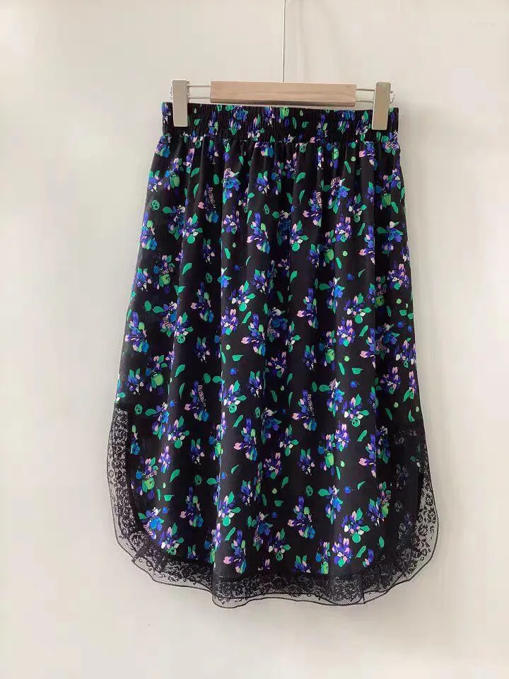 Rokken zijden groene bloemenprint asymmetrische midi rok elastische taille kant geborduurde zoom mode