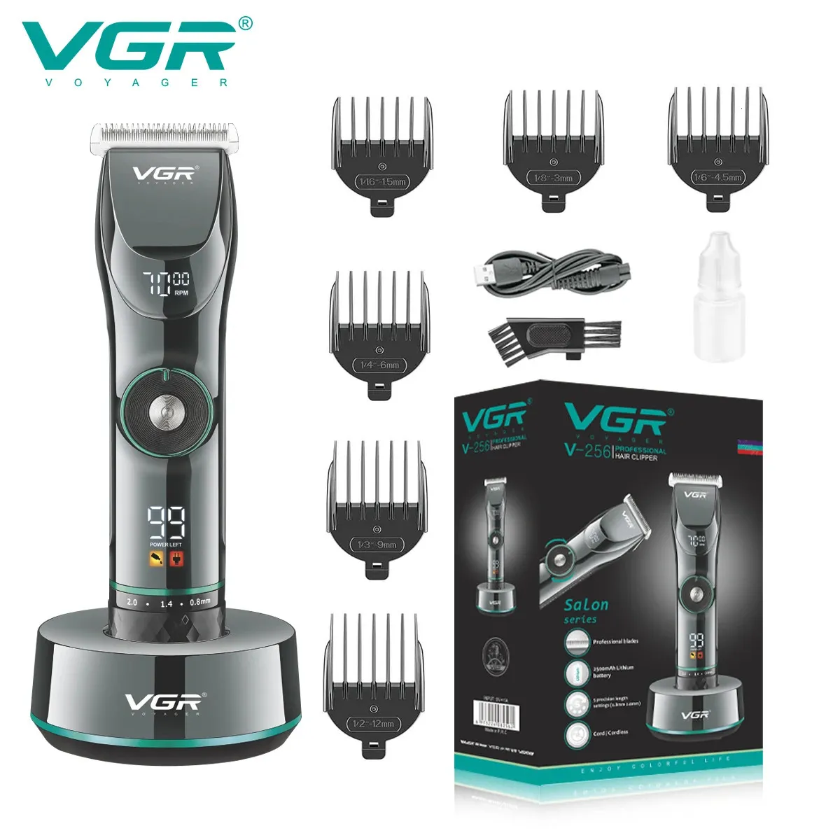 Машинка для стрижки волос VGR, регулируемая беспроводная машинка для стрижки волос, электрическая парикмахерская, светодиодный дисплей для мужчин с базой V256 231102