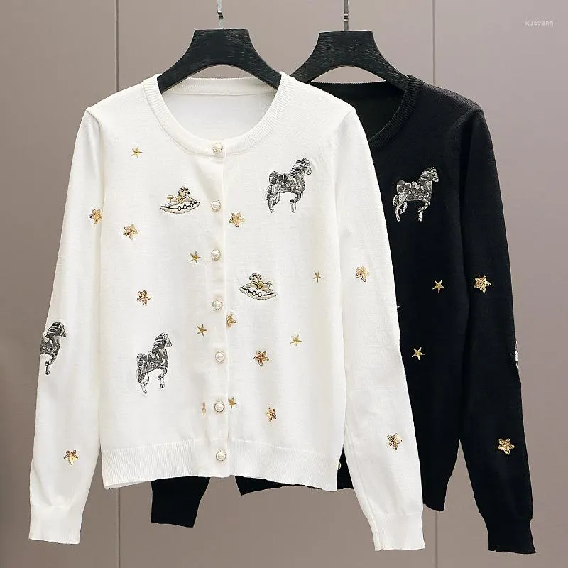 Women's Knits Spring Women Sweater Stars Small Horse Embroidery Thin Sunscreen Shirt Knitwear Mujer Cardigan Leisure Jacket Slim Fit Top