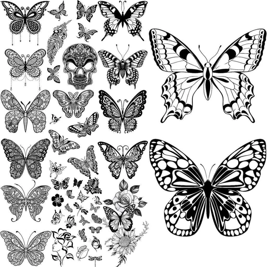 Realistic Small Butterfly Skull Temporary Tattoos For Women And Girls