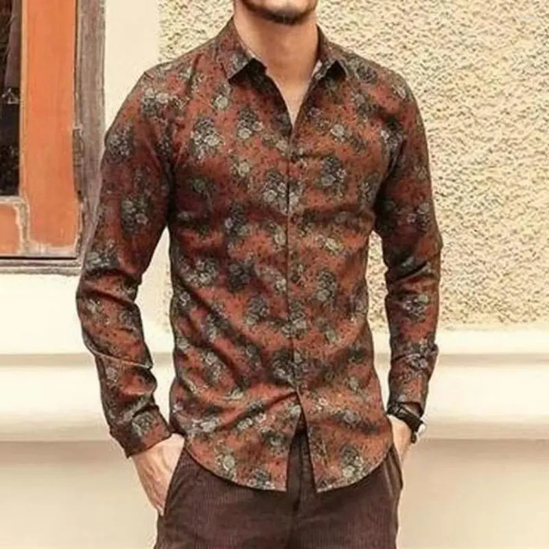 Chemises habillées pour hommes Chemise pour hommes Vintage imprimé floral col rabattu manches longues haut coupe ajustée fermeture à bouton doux respirant mâle