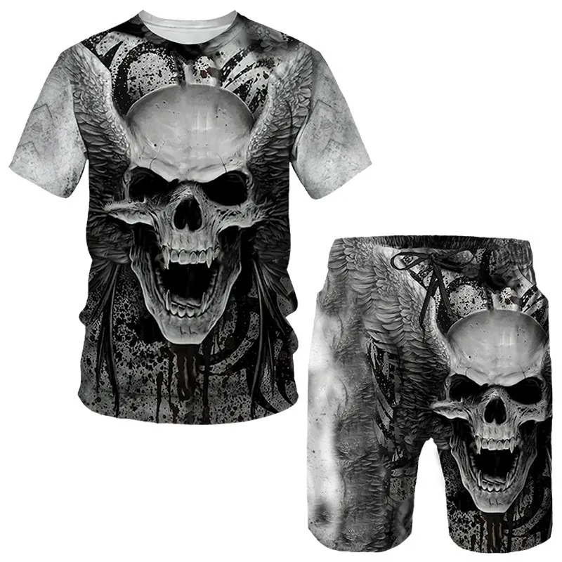 Herren Trainingsanzüge Punk Skull 3D-gedrucktes Oversize-T-Shirt Shorts Sets Sportswear Trainingsanzug Gothic Graphic T-Shirt Tops Sommerkleidung Anzug 230403