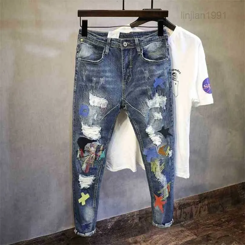 2023Korean Style Fashion Men Brodery Patch Ripped Stretch Pencil Pants Streetwear Elastic Hip Hop 210716