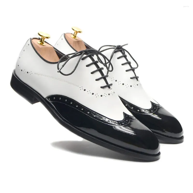 Dress Shoes Formal Oxfords For Men White Black Real Cow Patent Leather Business Lace-up Wingtip Toe Brogue Wedding Mens