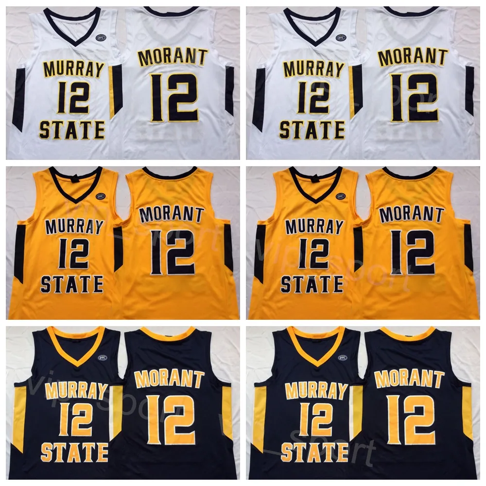 College Murray State Racers Jersey Ja Morant 12 Basketball University Circl Team Marinha Azul Bordado de cor amarela branca para fãs de esporte NCAA respirável