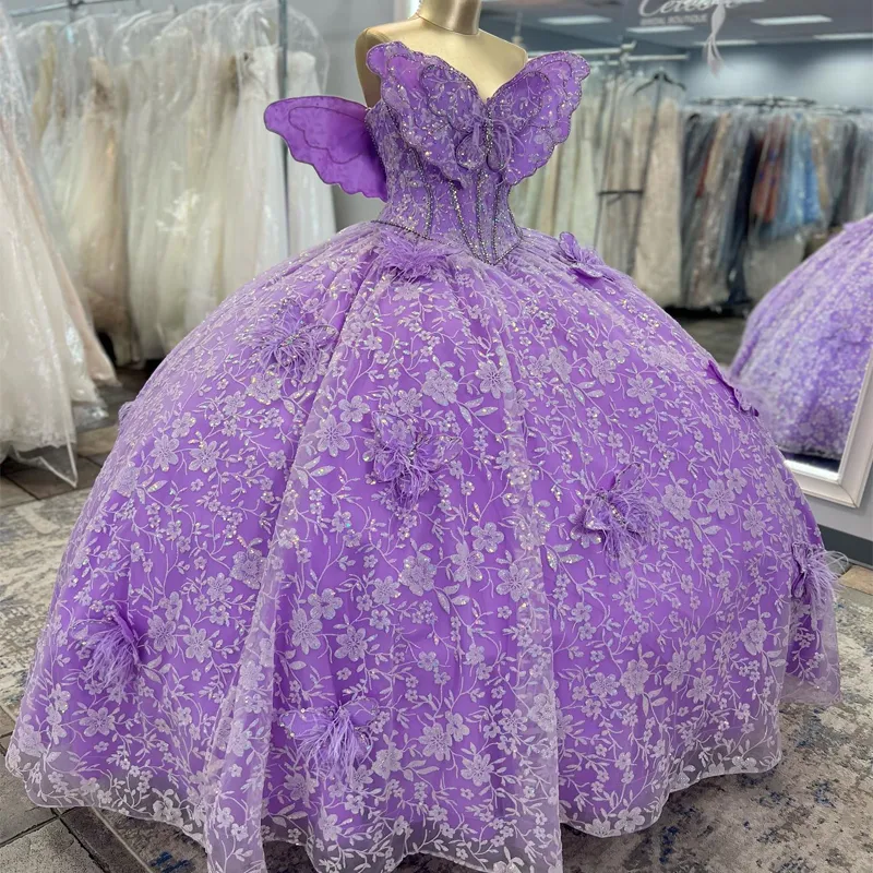 Lavendel quinceanera klänningar födelsedagsfest elegant bågkristallsekvens glänsande tyll aftonklänningar för kvinnor bollklänning