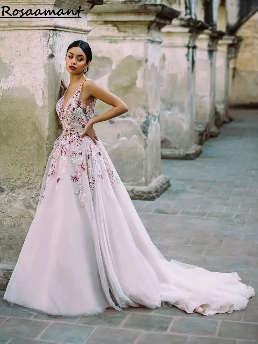 Colorful wedding dress lace backless A-lineV-neck sleeveless flower Bridal  Gowns