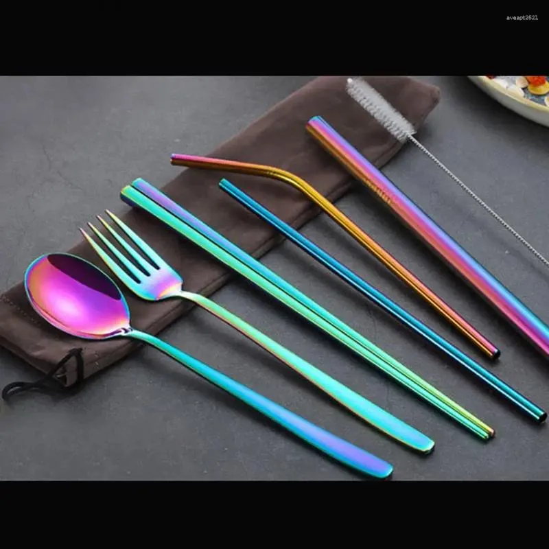 Ensembles de vaisselle 8 pièces Kit de vaisselle en acier inoxydable baguettes cuillère fourchette pailles ensemble de couverts accessoires de cuisine