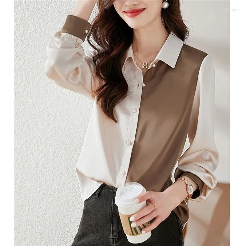 Blouses voor dames elegant chic kantoor dame kraal button up shirt Koreaanse mode patchwork lange mouw pendelen top blouse dames blusas kleding