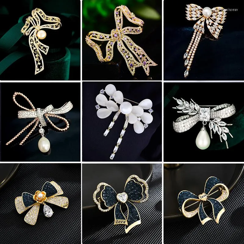 Broches Élégant perle d'eau douce broche Micro-incrusté Zircon opale gland nœud papillon pour femmes accessoires brillant arc Corsage femme