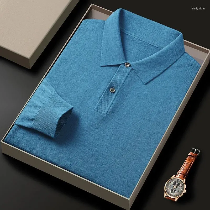 Herrtröjor ulltröja långärmad förfinad imitation ultravin merino all-wool polo shirt boutique topp t-shirt