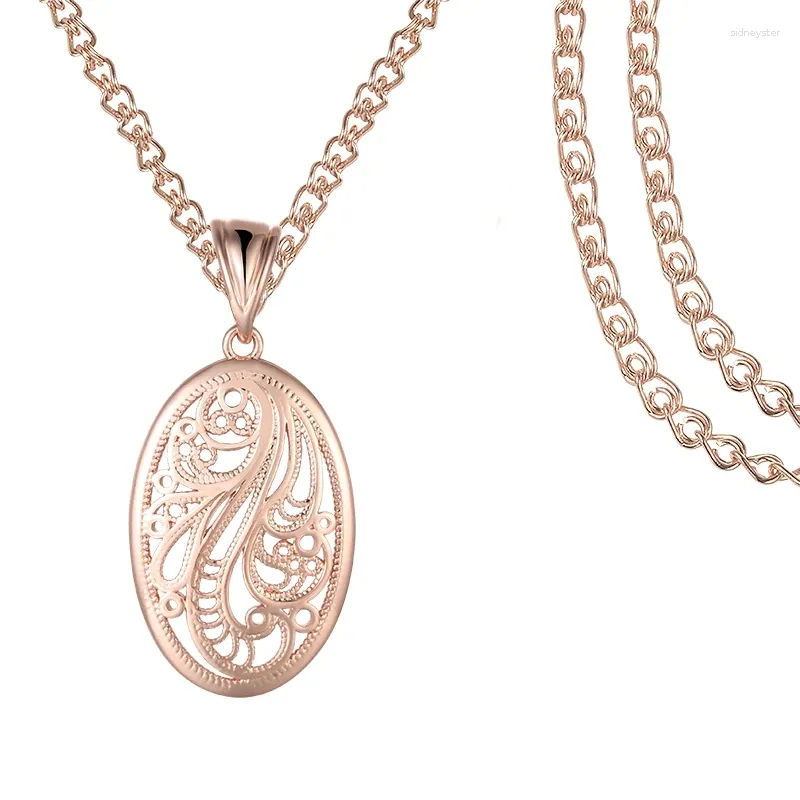 Pendentif Colliers FJ Femmes Filles 585 Rose Gold Couleur Ovale Rond Tissage Patterend Fleurs Collier Chaînes