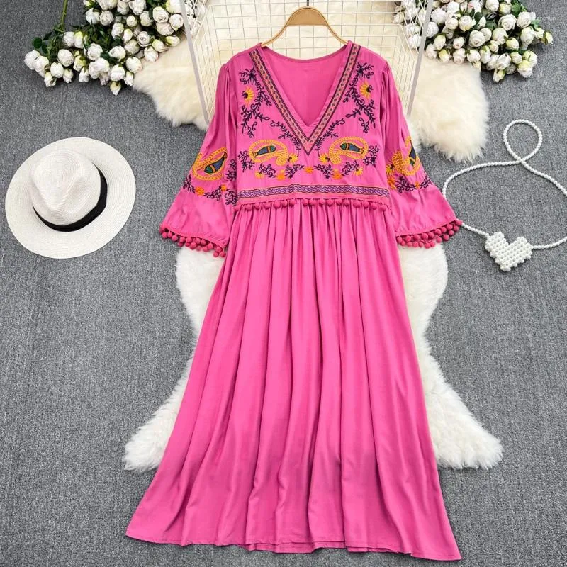 Robes décontractées National Wind Tassel Flare manches longues robe pour femmes rayonne broderie florale été boho plage robes lâches