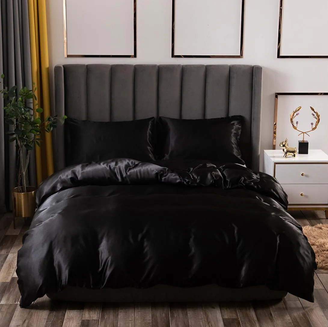 Luxury Bedding Set King Size Black Satin Silk Comforter Bed Home Textile Queen Size Duvet Cover CY2005195240302