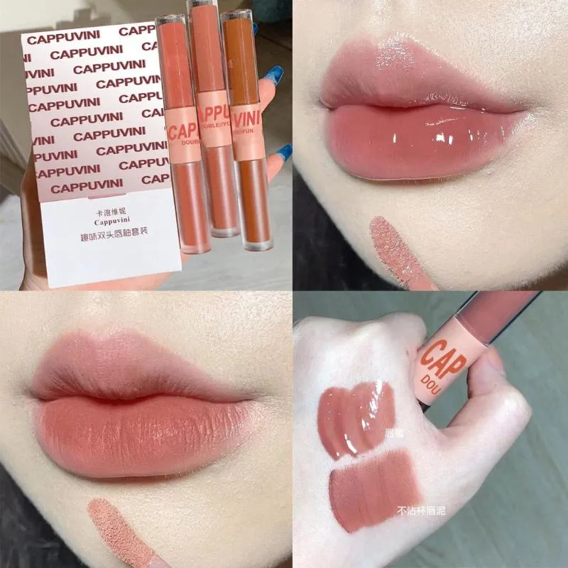 Lip Gloss Lipgloss Dubbele hoofdglazuur Mirror Lipstick Kersenroze Rantensparend glasolie Waterdichte vloeibare make-up cosmetica