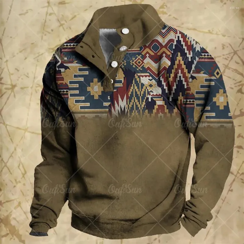 Men's Hoodies Vintage Tribal Print Hoodie For Men Button Down Collar Sweatshirt Oversized Casual Long Sleeve Tops Male Daily Streetwear