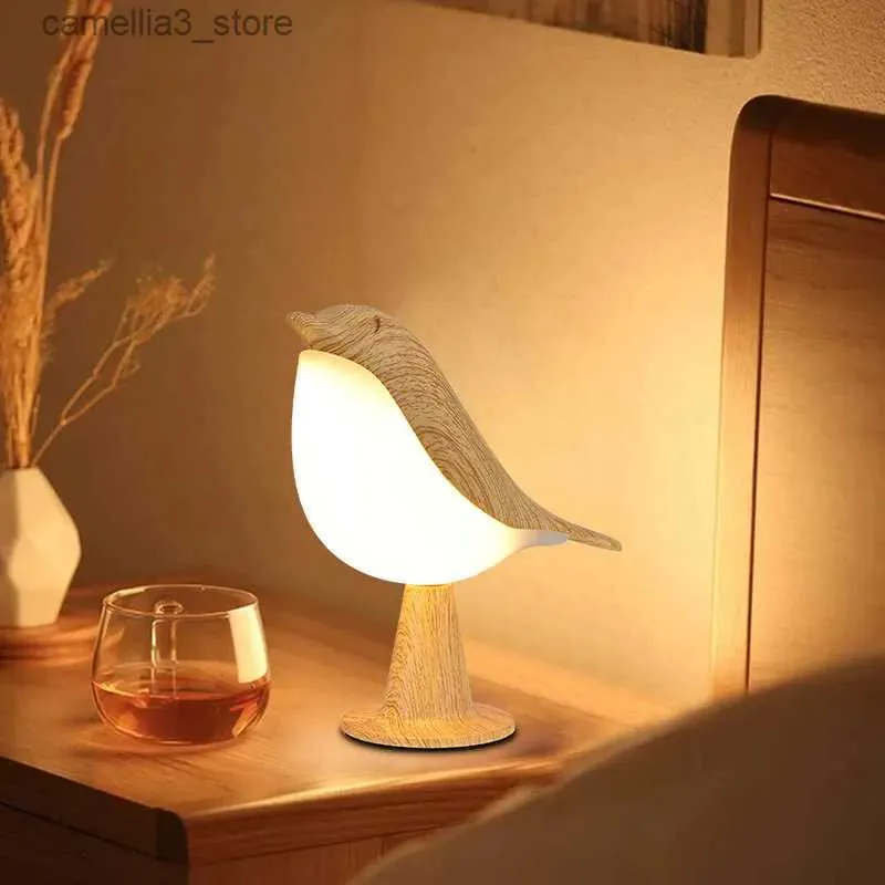 Desk Lamps 3 Colors Bedside Lamp LED Touch Switch Wooden Bird Night Lights Rechargeable Bedroom Table Reading Lamp Decor Home Q231104