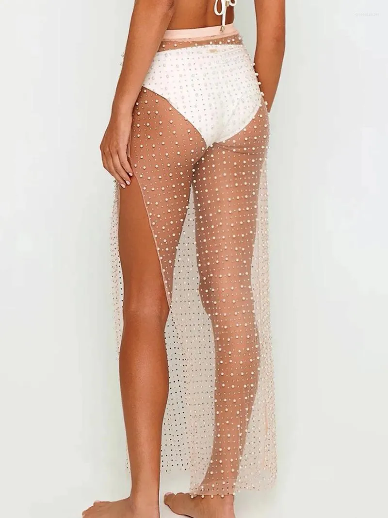 Skirts Jupe Longue Transparente En Maille Avec Perles Et Strass Pour Femme Noir 40