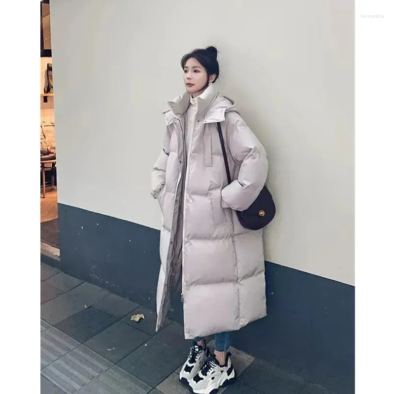 Kvinnors dike rockar blå down jacka huva långa bomullskläder vinter varmt förtjockad vindtät koreansk mode lös överdimensionerade kappor