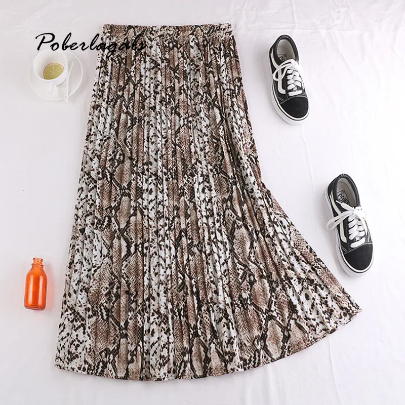 Skirts Autumn winter women vintage elegant leopard skirt Women Snake print high waist pleated skirts womens Casual skirts female 230331