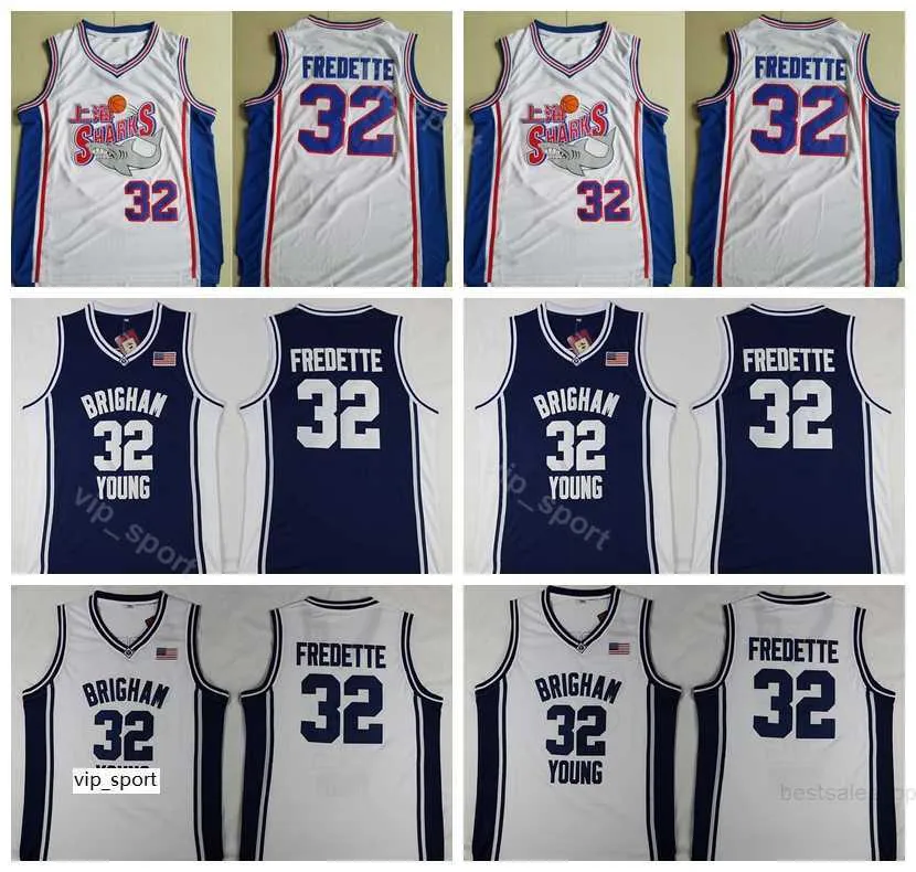 Moive Shanghai Sharks 32 Jimmer Fredette Jersey Men Brigham Young Cougars Fredette College Jersey Basketball Uniform Team Color Blue White