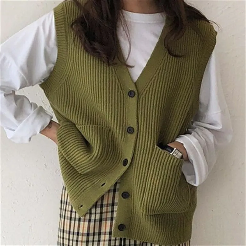 Women's Vests Women's Soft Elastic Simple Basic Japanese V-neck Solid Open Seam Women's Knitted Sweater Dress Retro Korean Full Matching 230403