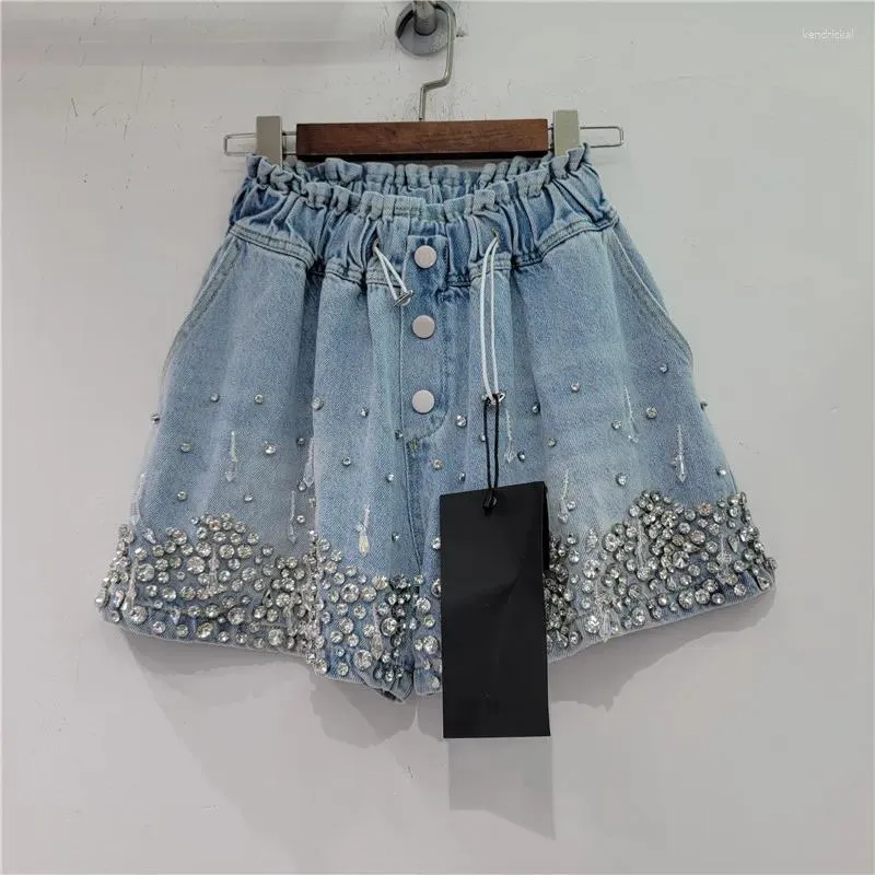 Shorts pour femmes industrie lourde gland perle diamant taille haute jean lâche minceur jambe large denim femmes 2023 pantalons courts d'été