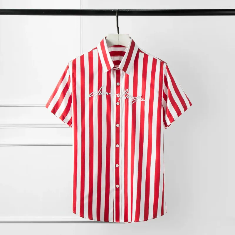 Camisas casuales para hombres Joyería de lujo de alta calidad Camisa de rayas verticales de verano Mangas cortas Botón arriba Raya de bloque de color