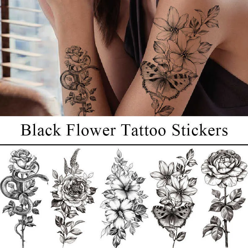 Temporary Tattoos Sexy Peony Tattoos Temporary Women Adult Flower Arm Tattoos Sticker Waterproof Black Fake Floral Bloosom Body Leg Art Tatoos Z0403