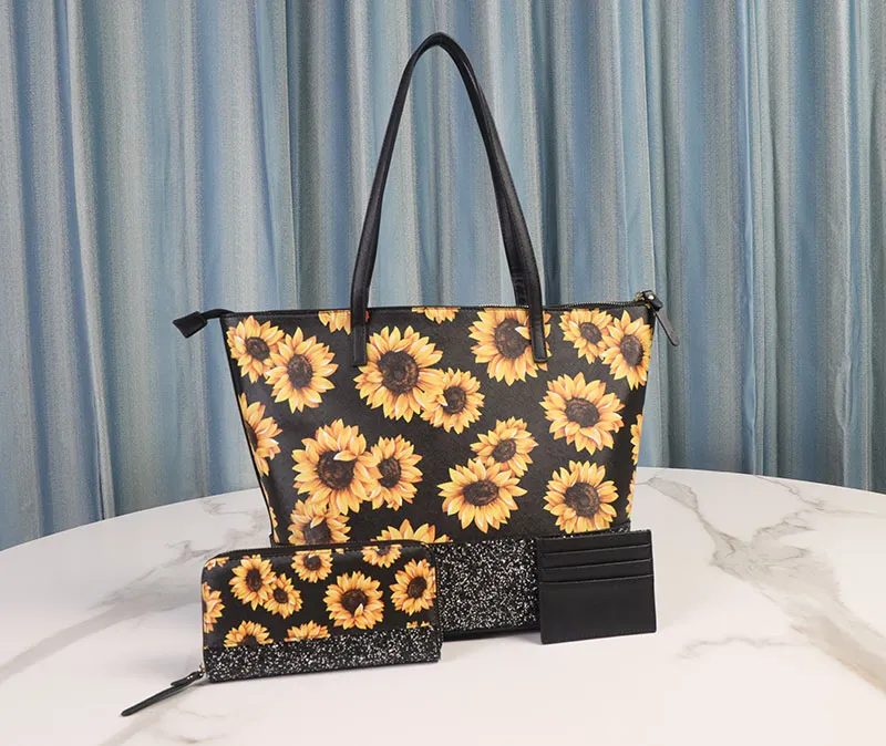 Dreiteiliges Set aus Lederhandtasche mit Glitzer-Patchwork und Sonnenblumen-Print, große Tragetasche für Damen