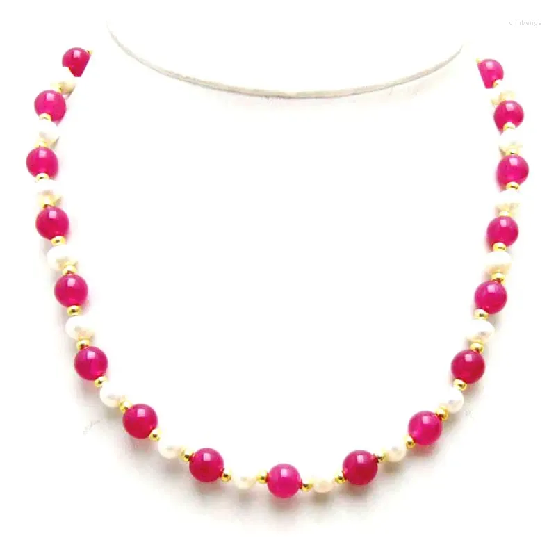 Gargantilla Qingmos 6-7mm collar de perlas blancas naturales redondas para mujeres con joyería de piedra de jade rojo rosa 7,5 "Nec6049