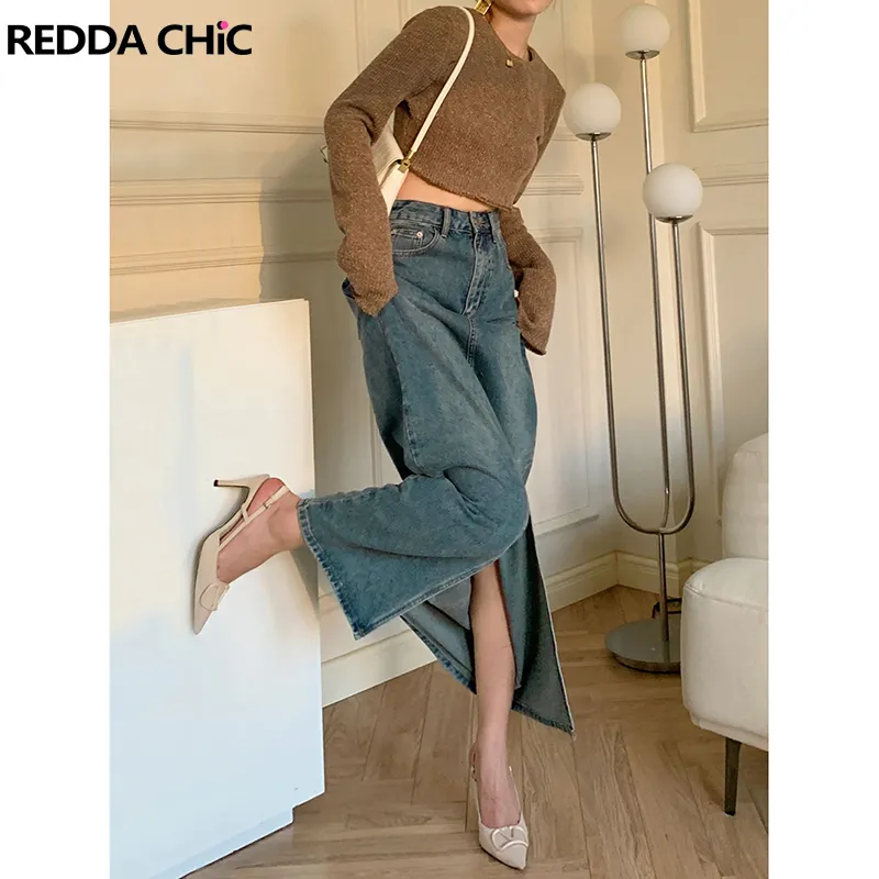 Faldas ReddaChic Tall Girl Friendly Jeans Maxi con abertura frontal Korean Girls Elegante Casual Plain Floor Long Denim Plus Size 230403