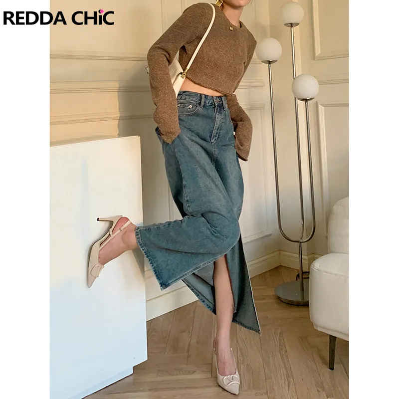 Юбки Reddachic Tall Girl Friendly Jeans Maxi с передней щелью корейские девушки стильные повседневные джинсы с длинным джинсовым джинсом плюс 230403