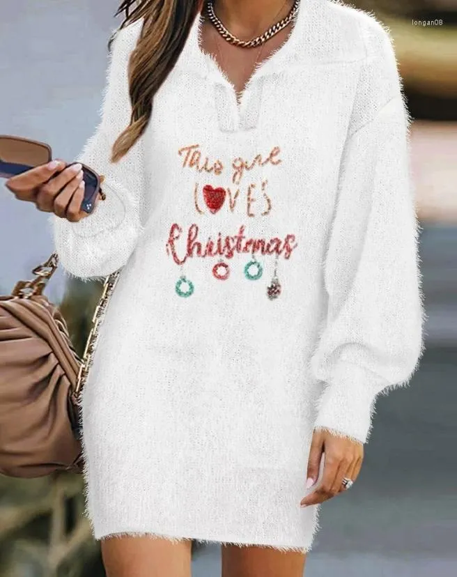 Casual Dresses Dress For 2023 Autumn Christmas Letter Pattern Contrast Sequin Fuzzy Long Sleeve Straight Loose