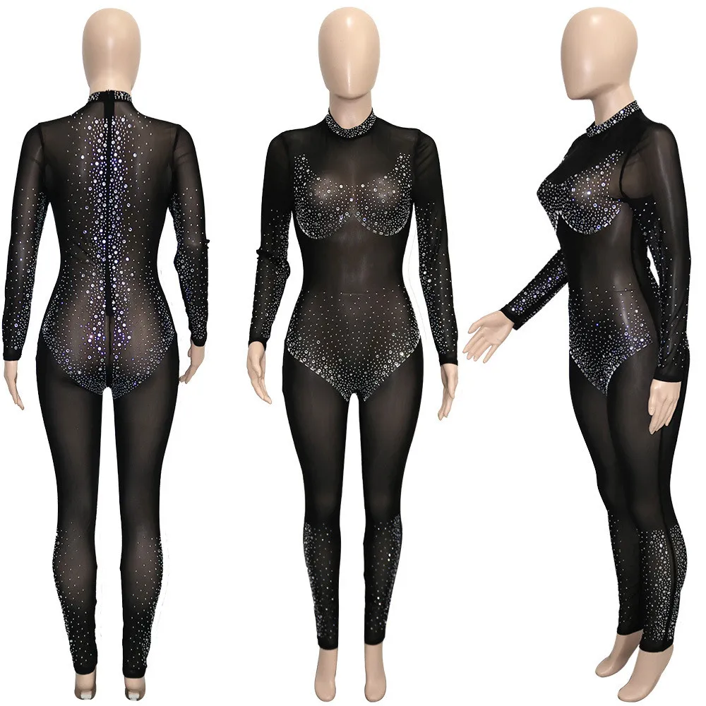 Designer Rhinestone Diamonds Jumpsuits Women Long Sleeve Bodycon Rompers Sexy See Through Mesh Jumpsuits Party Night Club Wear Wholesale Clothing 10330