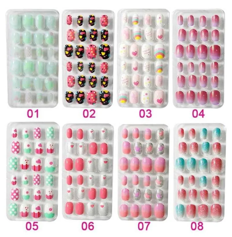 24PCSLot Candy False Nail Tips Press On Children Cartoon Full Cover Kid Glue Self Fake Nail Art for Girls Manicure Tips T3454837352