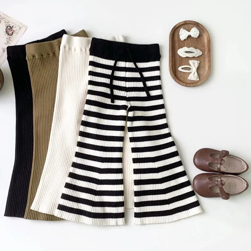 Trousers 1 7Yrs Baby Girls Knitted Stripe Stretch Versatile Autumn Infant Flare Pants Toddler Wide leg Korean 231110