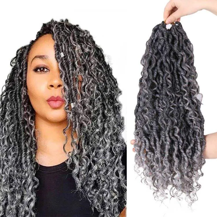 Синтетическая река Wavy River Faux Locs Плеточные наращивания волос Серый цвет 18 -дюймовый богемный бого богиня