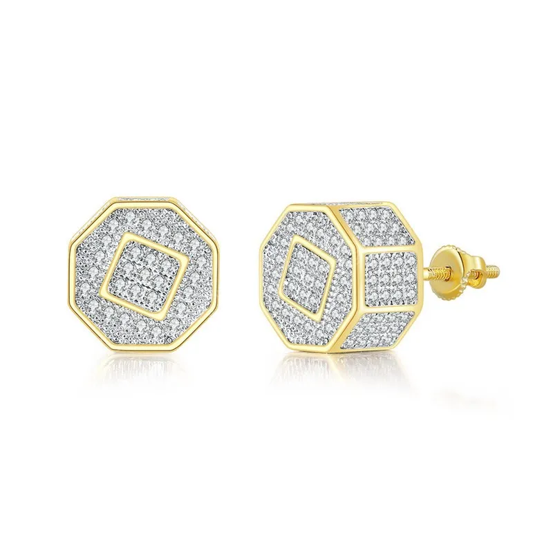 Men Women Fashion Earrings Jewelry Gold Plated Full CZ Studs Earrings with Screwbacks